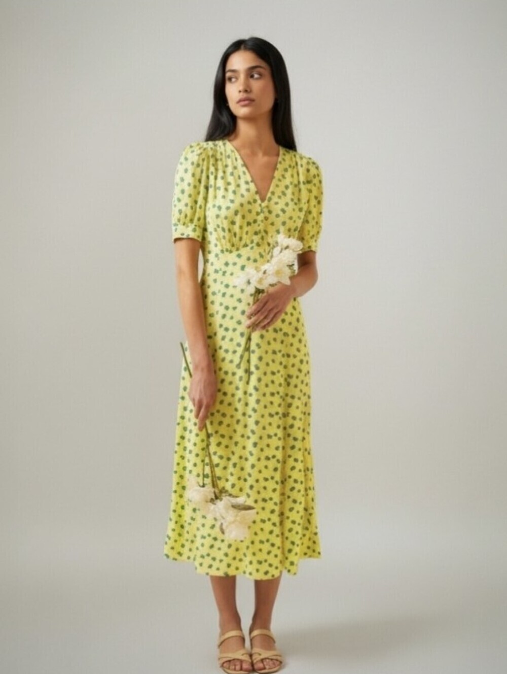 M&S x GHOST Yellow Floral Midi Tea Dress – Puff Sleeve – UK 14 (US 10)